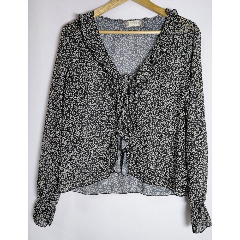 alter'd state Floral Ruffle Blouse Black Long Sleeve V-Neck Women Size M